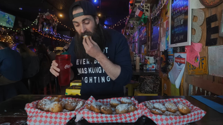 Mr. Beard eating fried Oreos