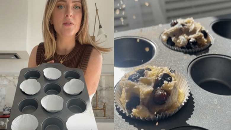 Two photos showing how to load muffin trays 