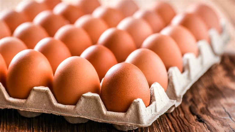 Brown eggs in open carton 