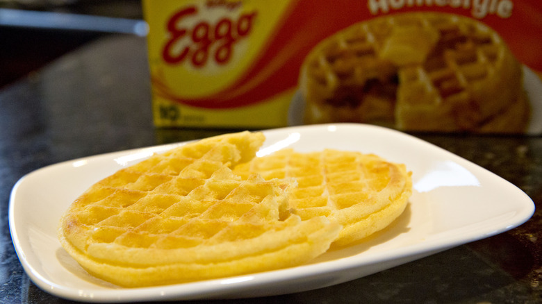 Two Eggo waffles on plate