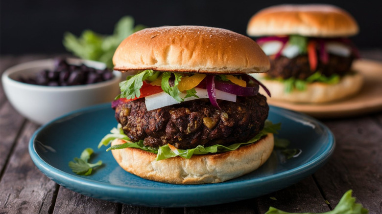 Black bean burger on a blue plate