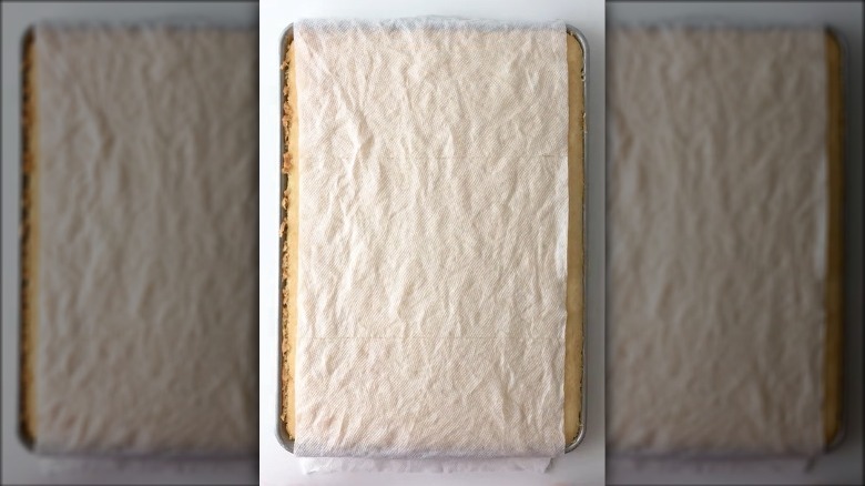 Paper towel topped sheet cake