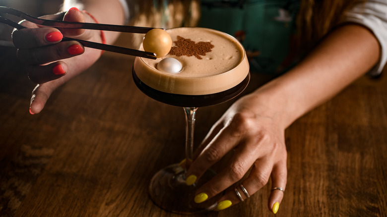 espresso martini with spherical garnish