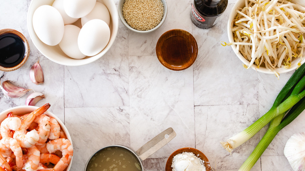 egg foo young ingredients with shrimp and sprouts