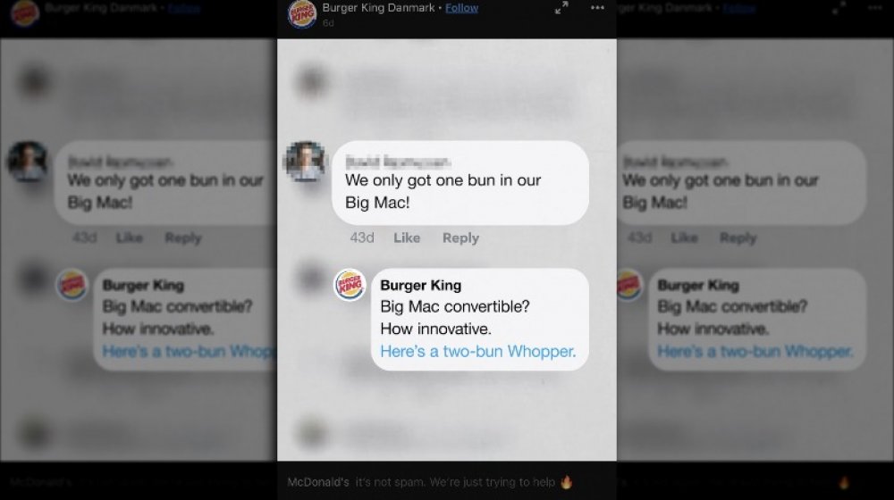 Burger King's response to a McDonald's customer's Facebook complaint