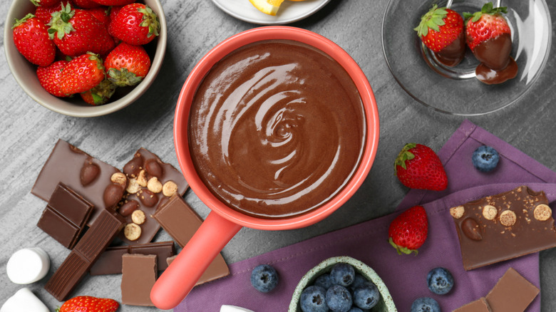 Chocolate fondue with dipping foods