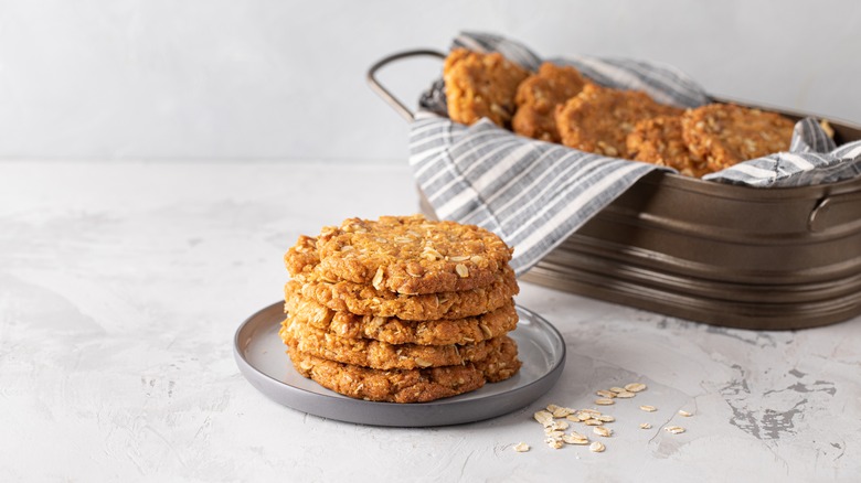 Oatmeal cookies stacked on small plate