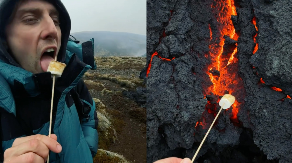 Man roasting a marshmallow over lava in Iceland