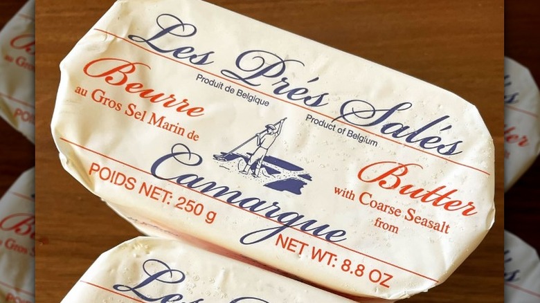 Oval package of Les Prés Salés butter.