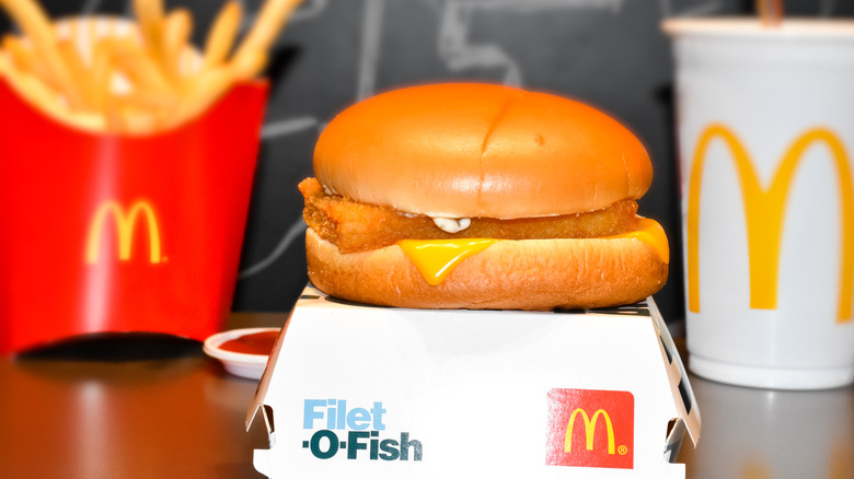 McDonald's Filet-O-Fish, fries, drink on table