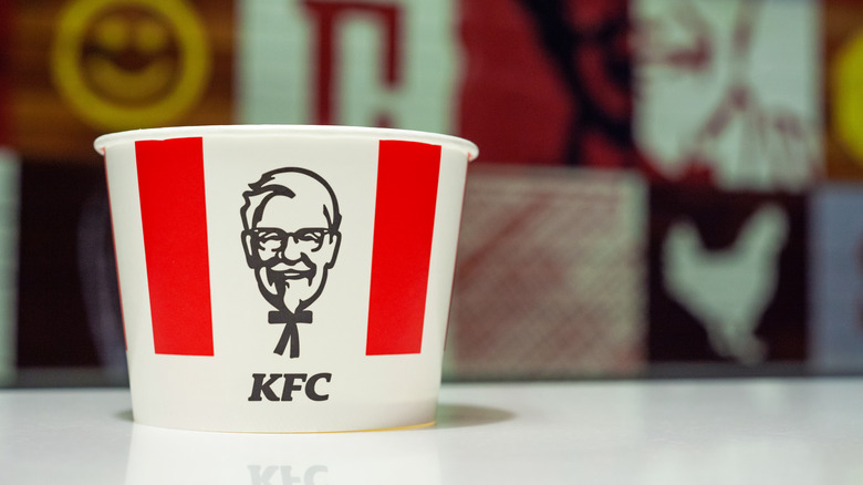 KFC bucket on a white tabletop