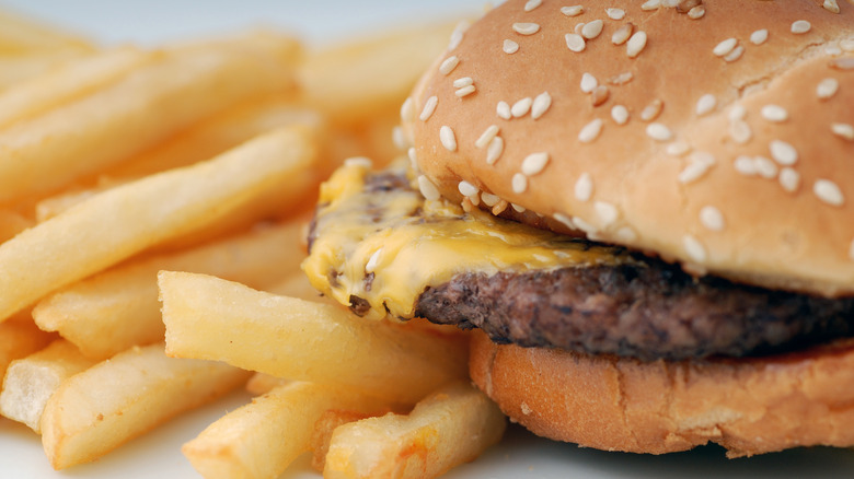 close up of cheeseburger and french fries