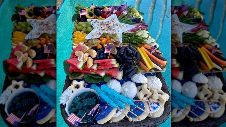 A large July 4th platter with vegetables and more