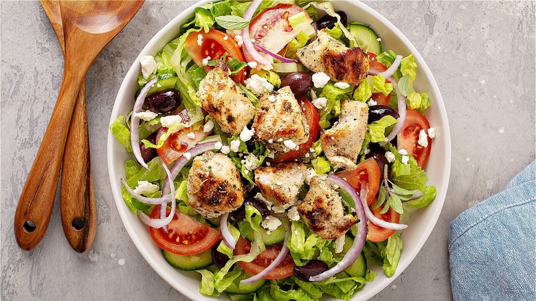 big bowl of salad with croutons