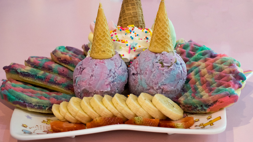 Extreme rainbow waffle ice cream sundae