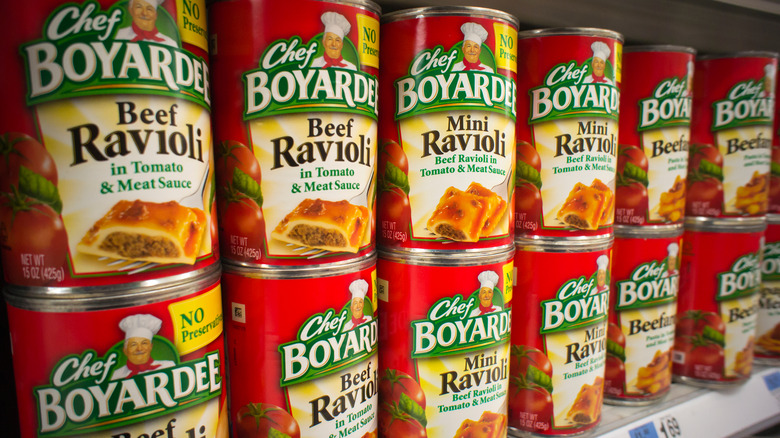 Chef Boyardee cans on shelf