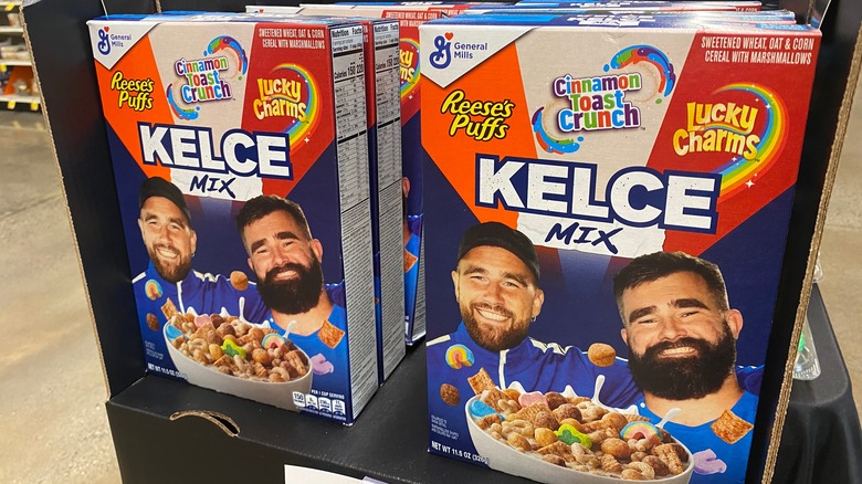 Grocery display of Kelce Mix Cereal