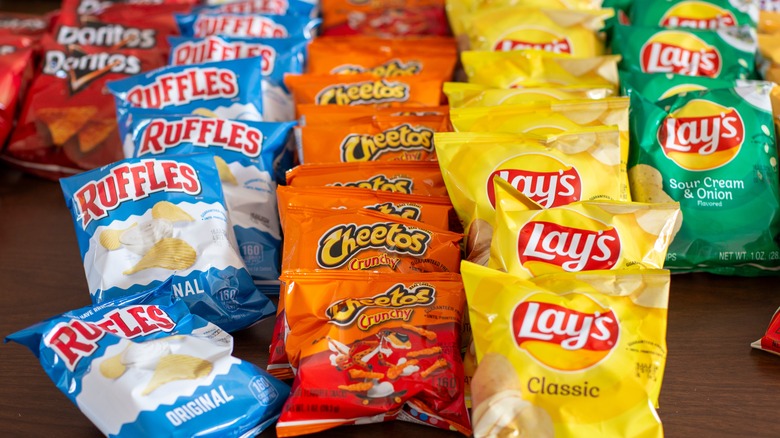 Small bags of flavored chips on a table