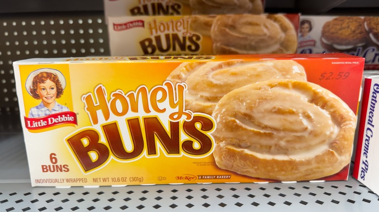 Box of Little Debbie Honey Buns on store shelf