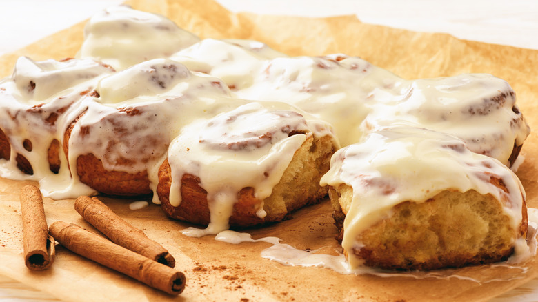 Cinnamon rolls topped with icing 