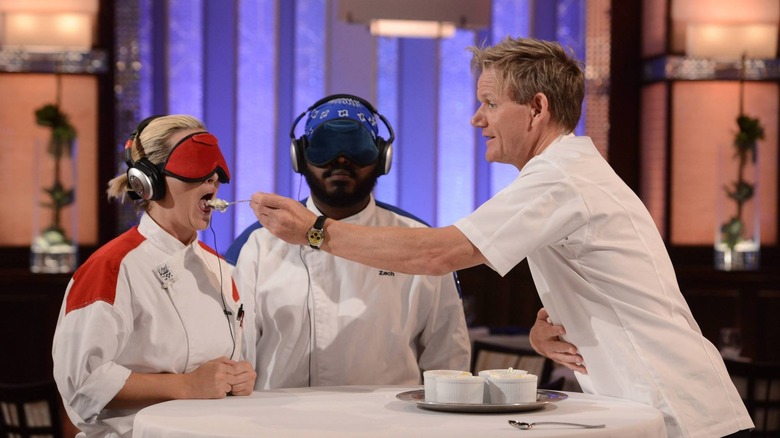 Gordon Ramsay feeding blindfolded contestants