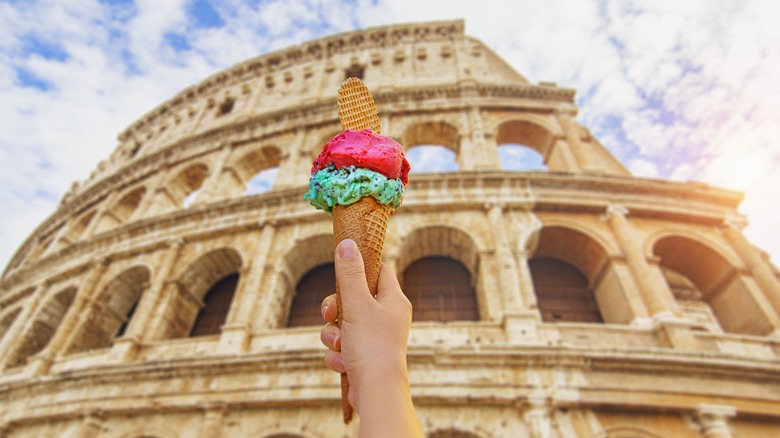 gelato in front of Colosseum 