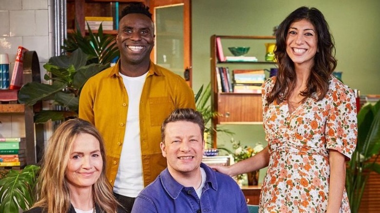 Jimi Famurewa, Georgina Hayward, Jamie Oliver, and Louise Moore smiling