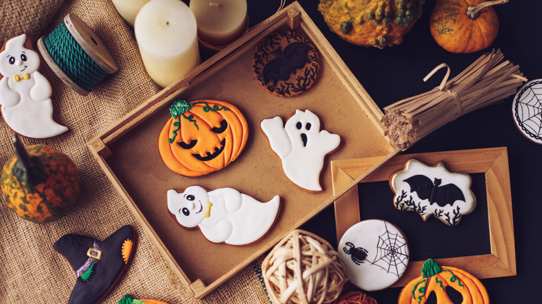 decorated Halloween cookies on a table