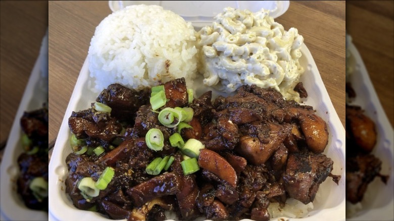 Plate lunch with rice and macaroni salad