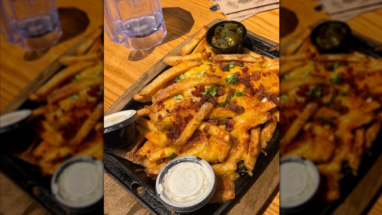 Plate of cheese fries with bacon bits