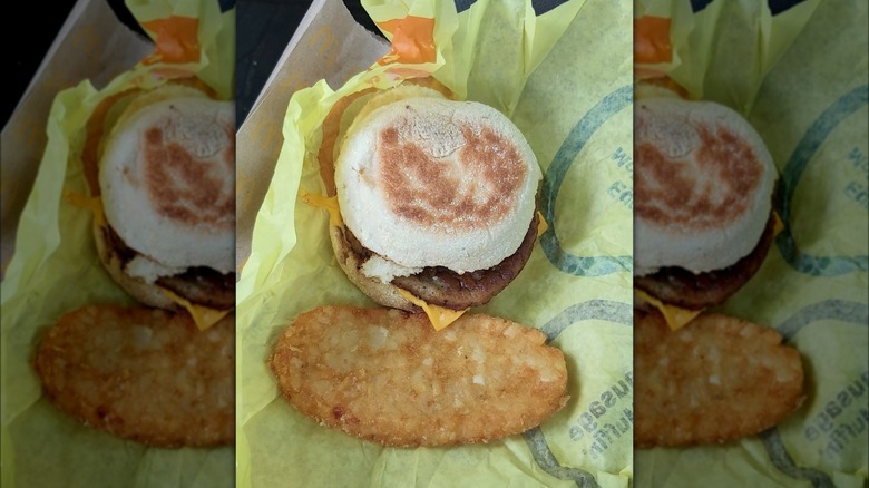 Sausage egg McMuffin and hash brown