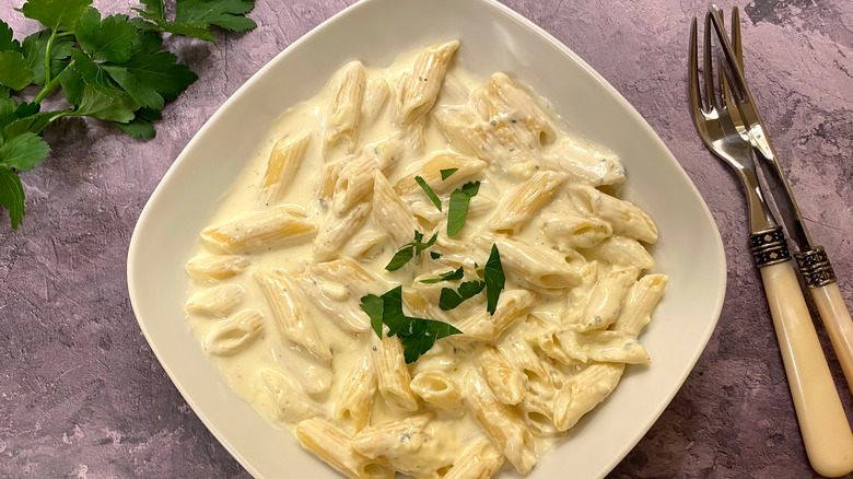 cheese penne pasta in bowl