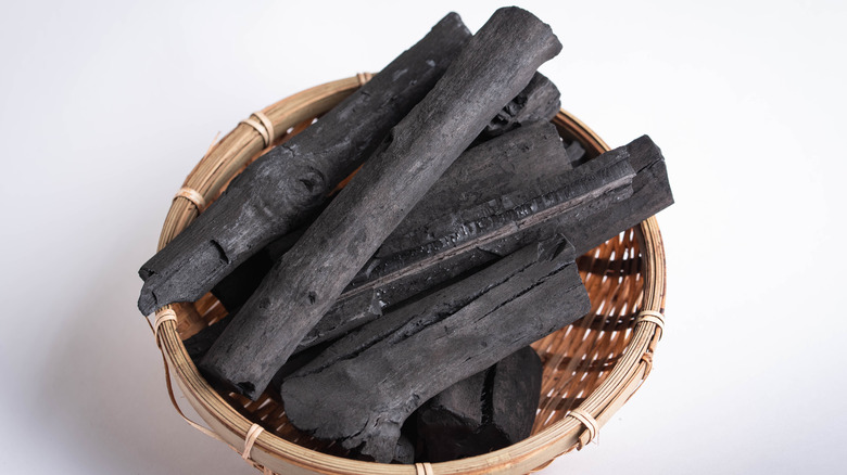 Binchotan charcoal in a basket