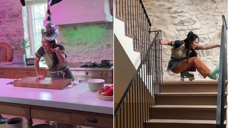 Joanna Gaines roller-skating on stairs