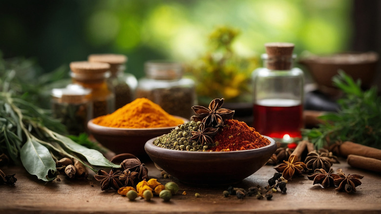 traditional curry spices in wood bowls