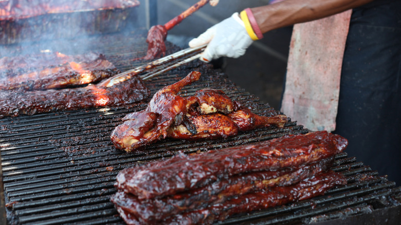 cooking barbecue ribs on grill