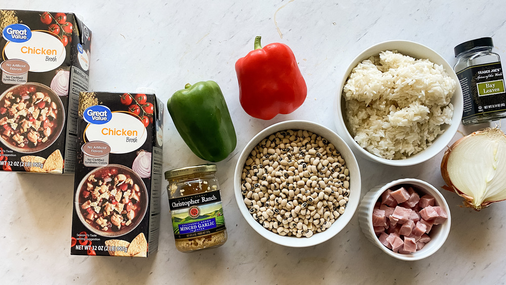 hoppin john ingredients on stone counter