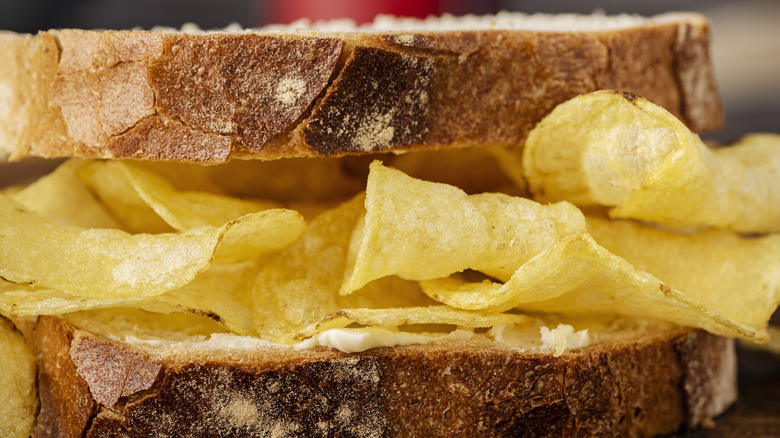 close up of a potato chip sandwich