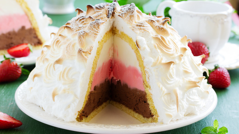 Baked Alaska with slice removed