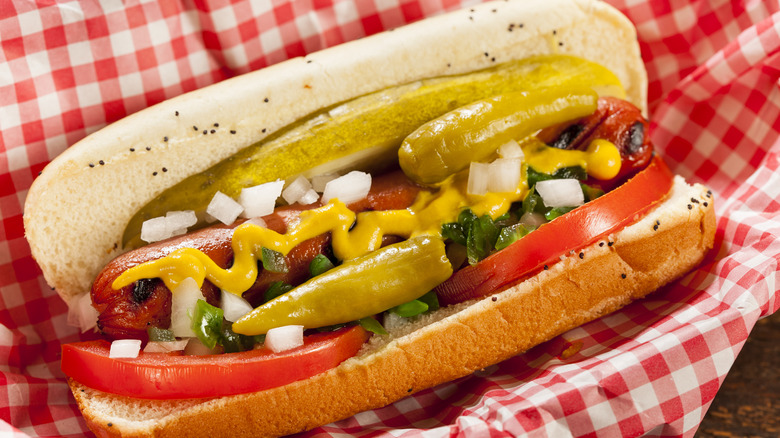 Chicago hot dog in basket