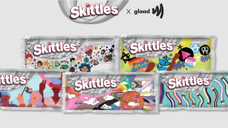 Skittles 2022 Pride Packs on gray background