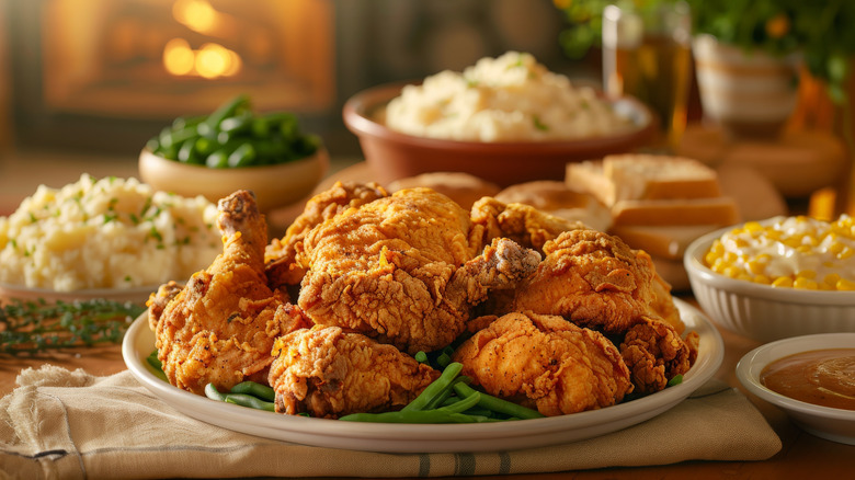 plate of fried chicken with sides in the background