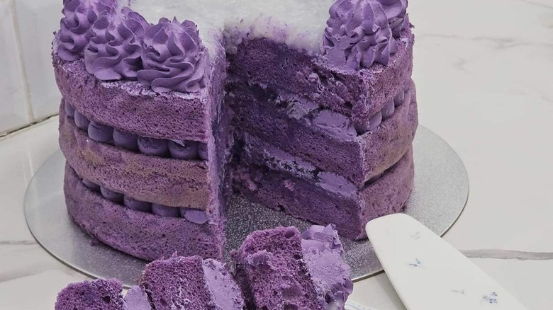 sliced ube macapuno cake