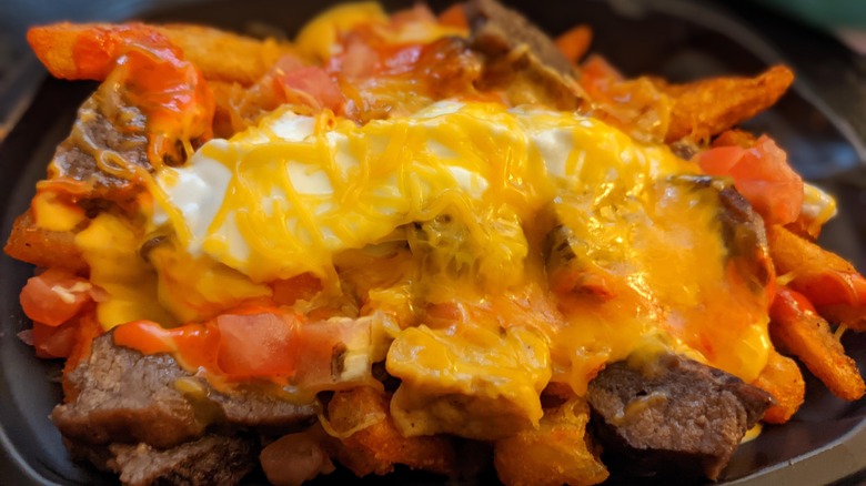 Fries topped with steak and cheesee