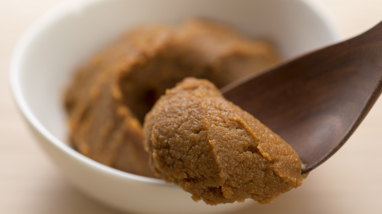 Scoop of miso on wooden spoon