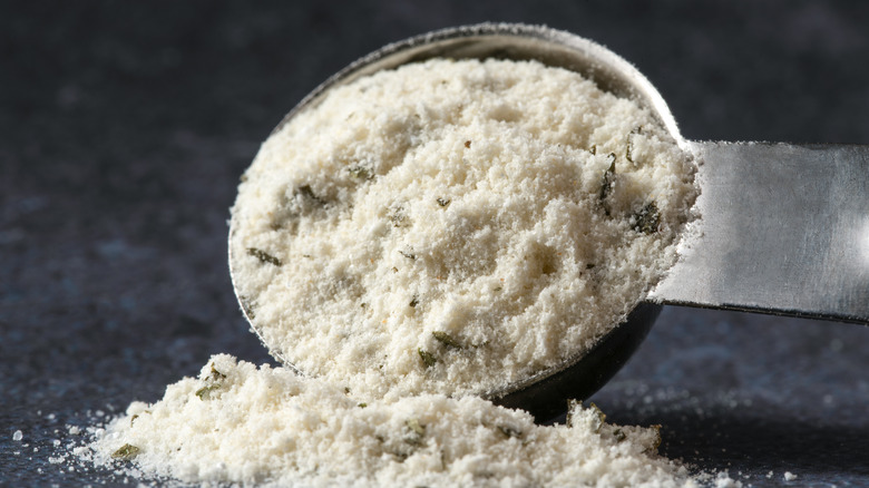 A close-up of ranch seasoning in a teaspoon