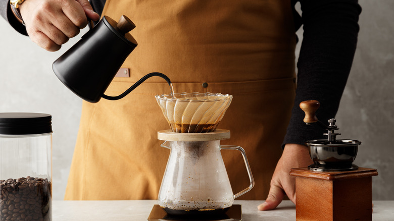 person pours water into coffee brewer