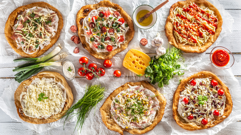 Hungarian langos with many toppings