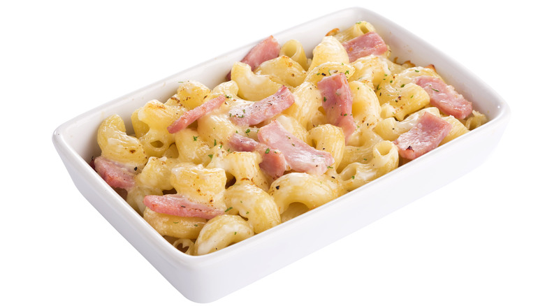 diced ham on macaroni