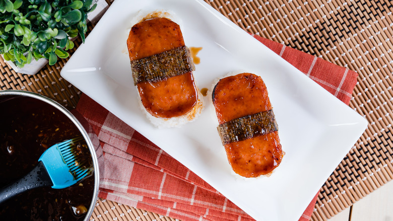 Spam musubi, slices of Spam with soy sauce